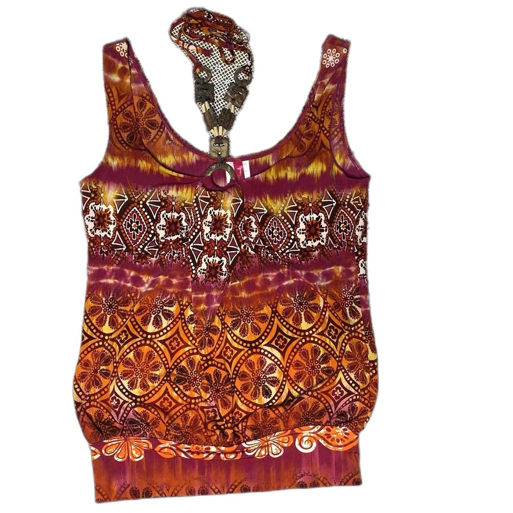 Heart Soul Sleeveless Blouse Womens M Beaded Necklace Tie Dye Bubble Hem Y2K - Picture 1 of 8